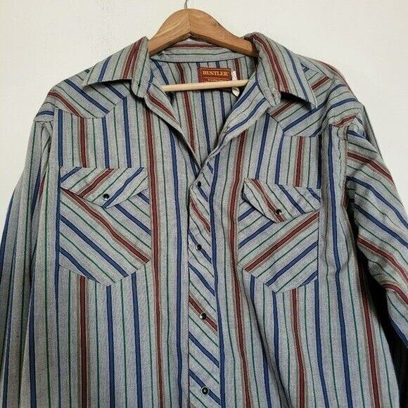 Vtg Rustler Pearl Snap Button Up Shirt Mens 17.5 34/35 Western Multicolor Stripe - Picture 2 of 11